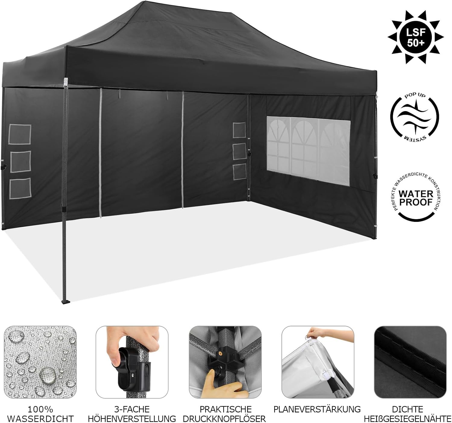 Schwarzer Pop-up-Pavillon mit Seitenwänden
