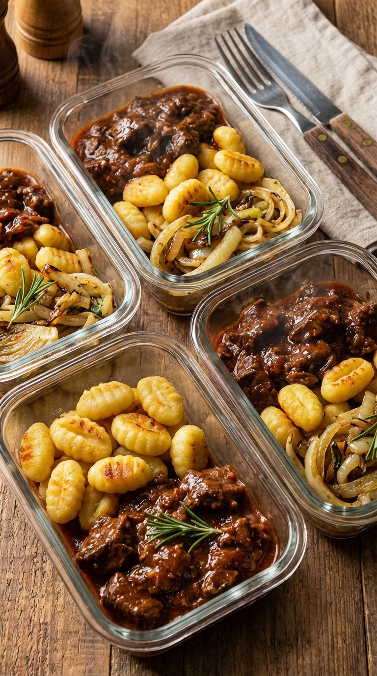 Frisch gekochtes Gulasch mit Gnocchi, warm geliefert im Glas